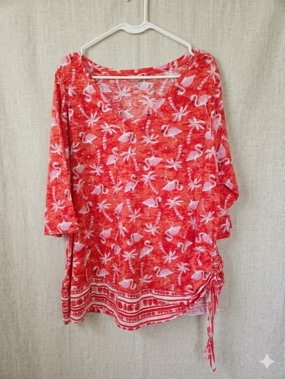 Women’s Red Flamingo V-Neck Ruched Side Tee